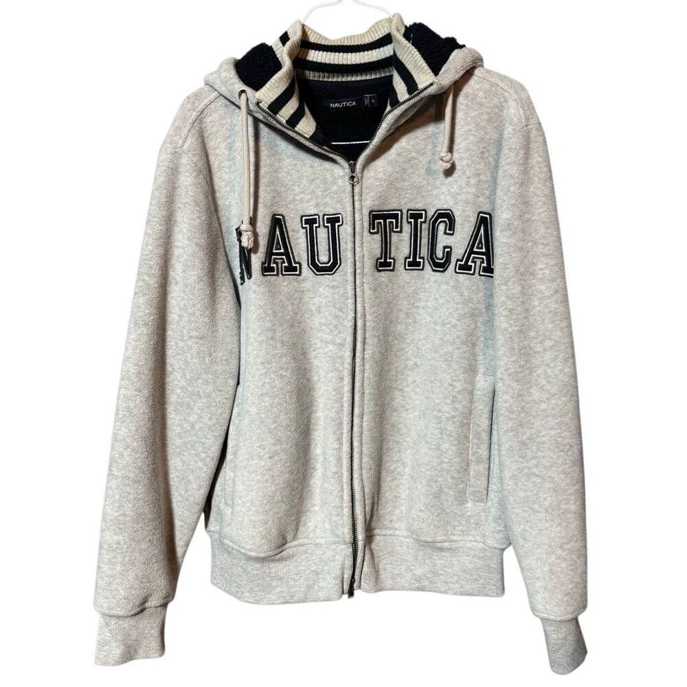 Nautica Gray Navy Blue Fleece-Lined Zip-Up Hoodie Men’s M